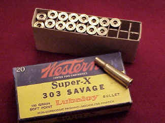 Western Ammunition Box, .303 Savage Super X with empty cases.